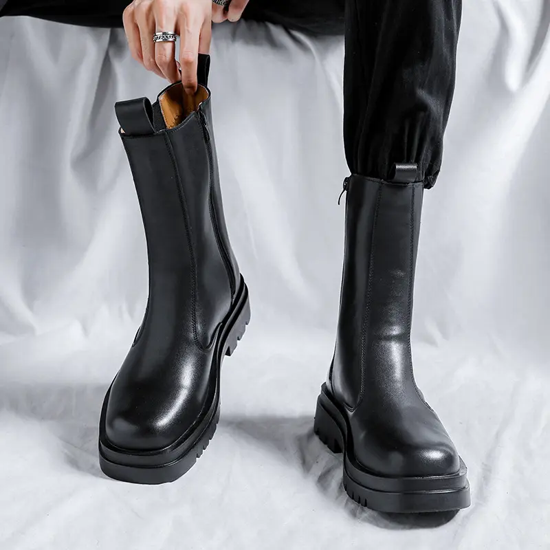 men luxury fashion high chimney boots black trend genuine leather shoes stage nightclub long chelsea boot platform knight botas
