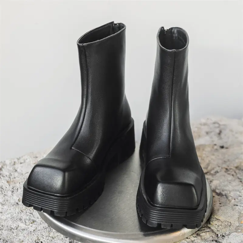 men fashion high chelsea boots designer square toe shoes cowboy genuine leather platform boot cool long motorcycle botas hombre