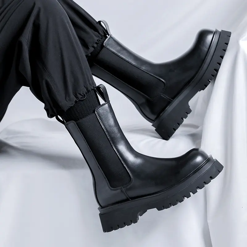 men fashion long motorcycle boots trendy genuine leather shoes handsome high chelsea boot stage nightclub chunky platform botas
