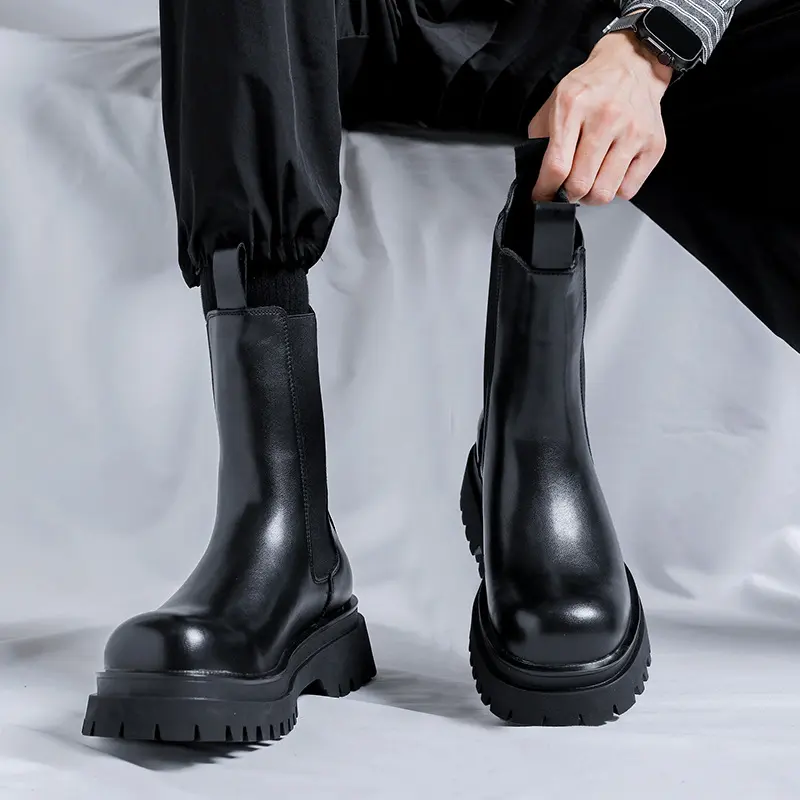 men fashion long motorcycle boots trendy genuine leather shoes handsome high chelsea boot stage nightclub chunky platform botas
