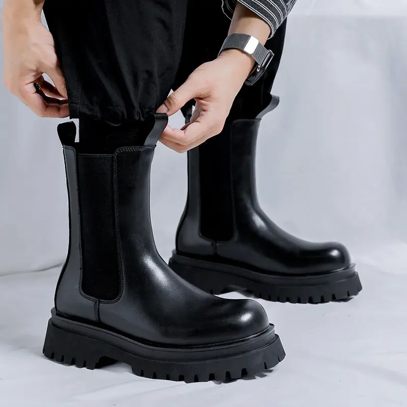 men fashion long motorcycle boots trendy genuine leather shoes handsome high chelsea boot stage nightclub chunky platform botas