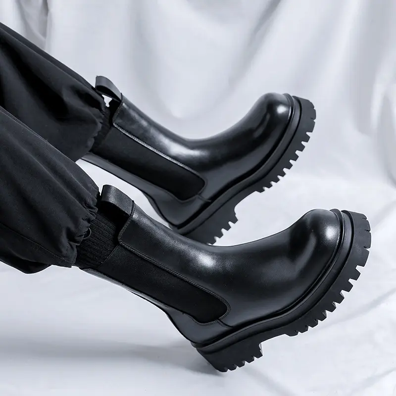 men fashion long motorcycle boots trendy genuine leather shoes handsome high chelsea boot stage nightclub chunky platform botas