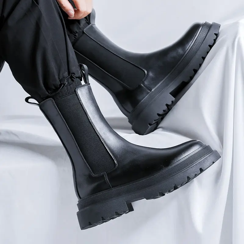 men luxury fashion stage nightclub high chelsea boots black genuine leather shoes cowboy platform boot long motorcycle botas man