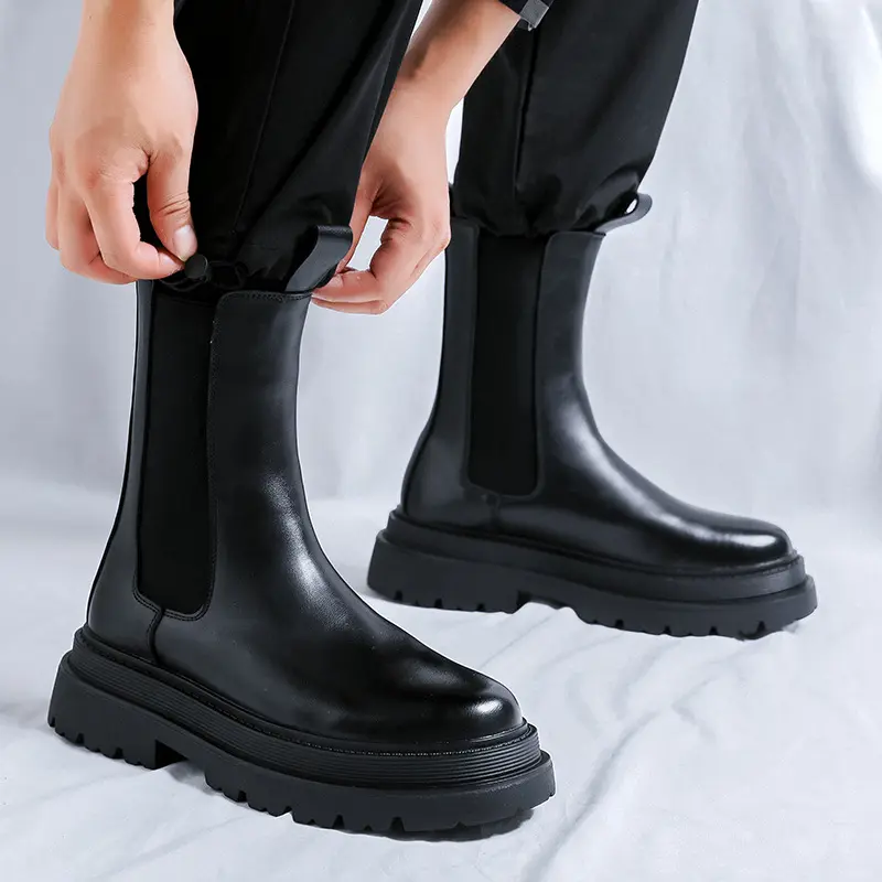 men luxury fashion stage nightclub high chelsea boots black genuine leather shoes cowboy platform boot long motorcycle botas man