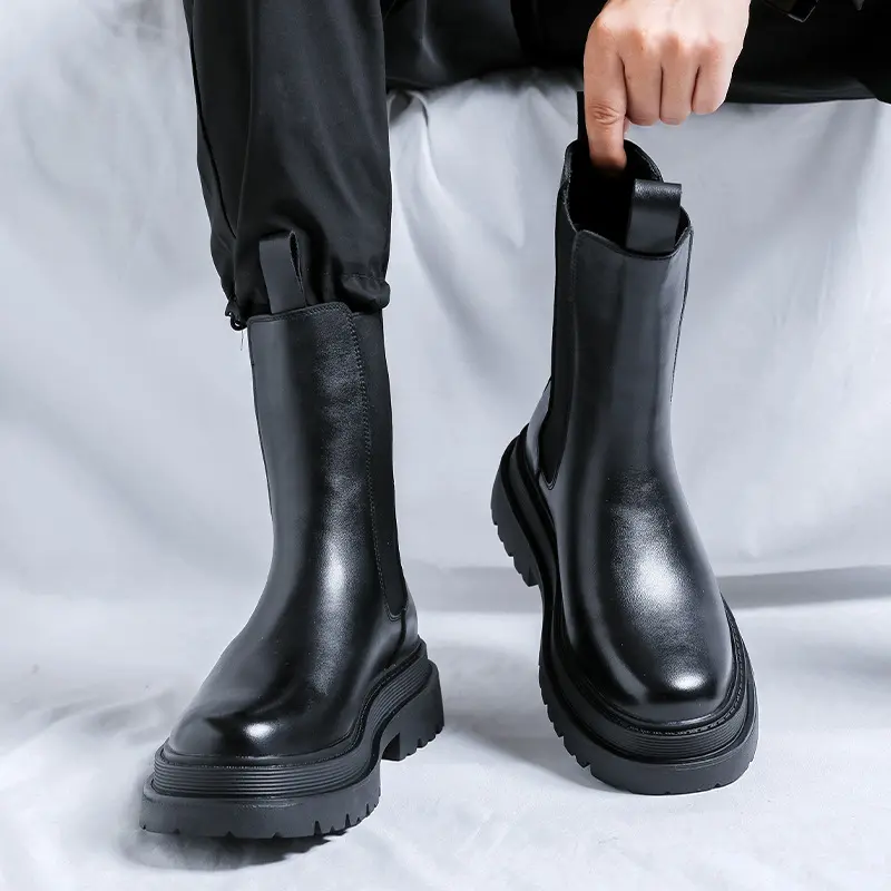 men luxury fashion stage nightclub high chelsea boots black genuine leather shoes cowboy platform boot long motorcycle botas man
