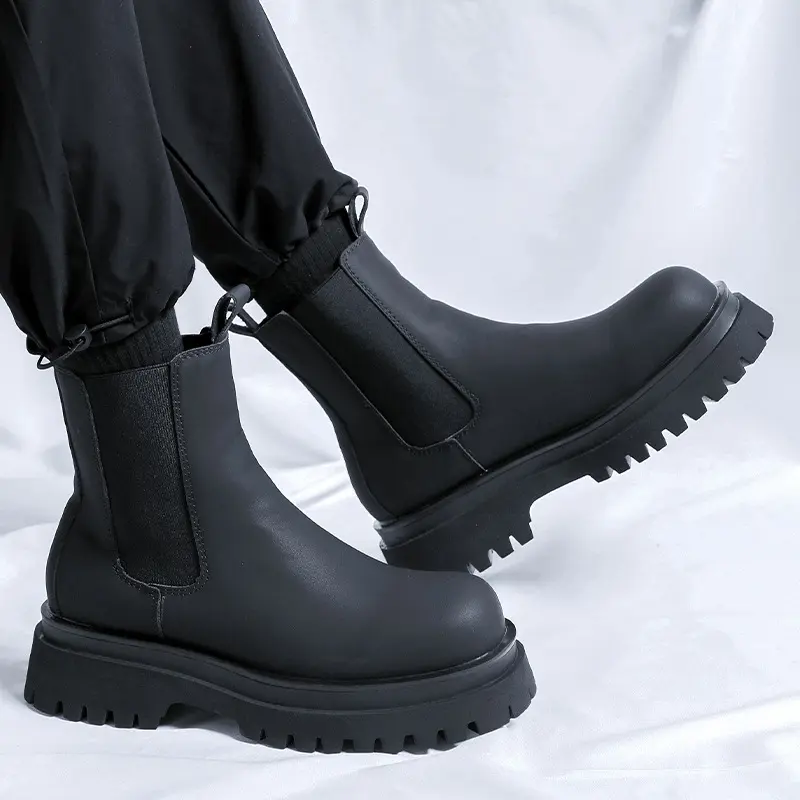 mens fashion high chelsea boots black trendy original leather shoes cowboy autumn winter boot handsome long platform botas mans