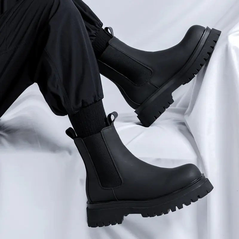 mens fashion high chelsea boots black trendy original leather shoes cowboy autumn winter boot handsome long platform botas mans