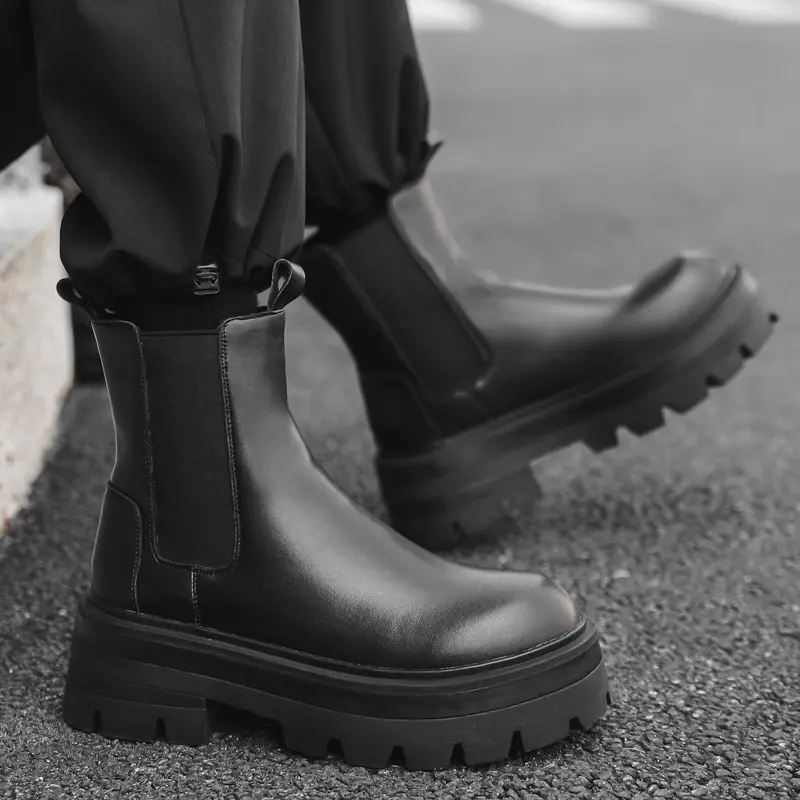 men fashion stage nightclub high chelsea boots genuine leather shoes cowboy platform boot handsome long motorcycle botas hombre