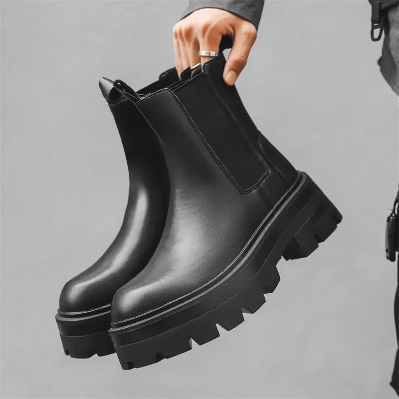 men fashion stage nightclub high chelsea boots genuine leather shoes cowboy platform boot handsome long motorcycle botas hombre