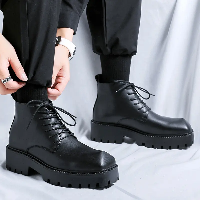 men luxury fashion original leather boots lace-up pointed toe shoes cowboy platform boot brand designer cool ankle botas hombre