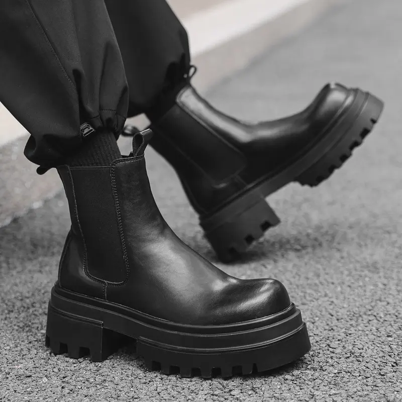 mens luxury fashion stage nightclub high chelsea boots black trendy original leather shoes cowboy platform boot cool ankle botas