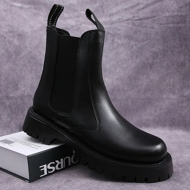 men casual party banquet dresses genuine leather boots black platform shoes spring autumn ankle boot tide cowboy botas masculina