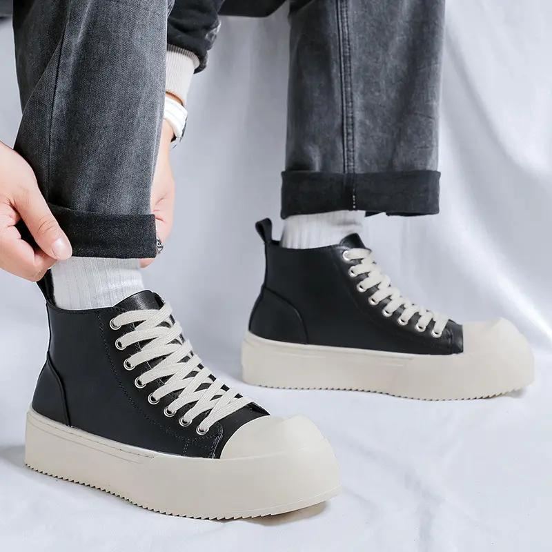 Korean style mens casual flats platform boots lace-up original leather shoes cowboy autumn winter boot street ankle botas hombre