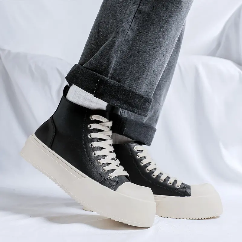 Korean style mens casual flats platform boots lace-up original leather shoes cowboy autumn winter boot street ankle botas hombre
