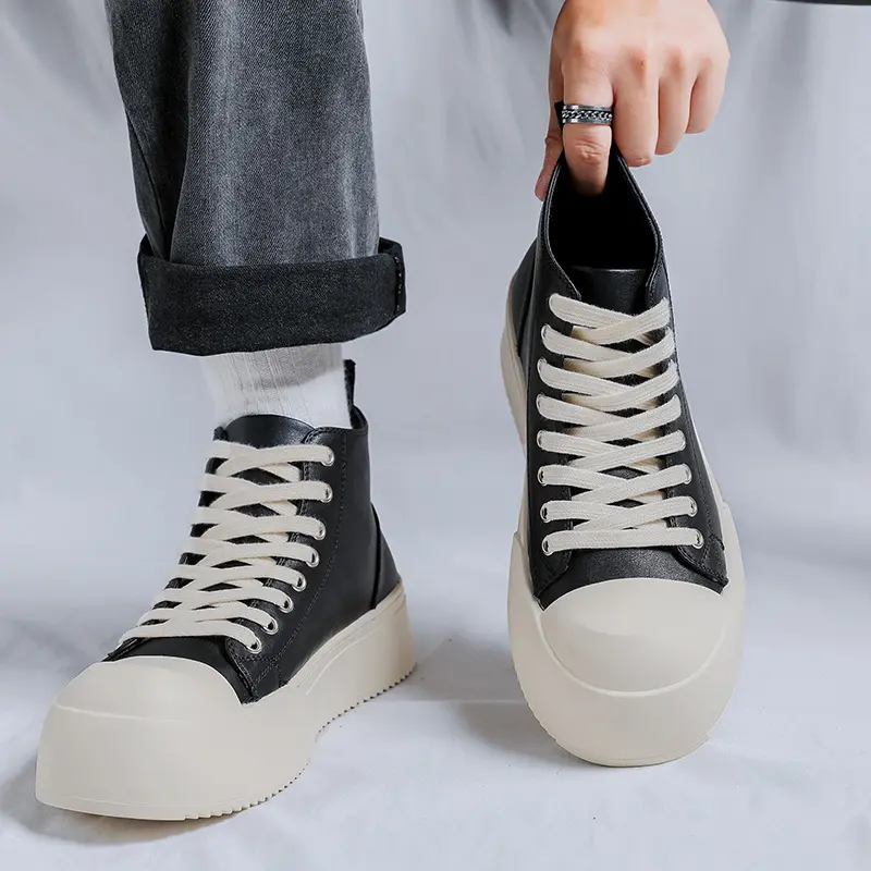 Korean style mens casual flats platform boots lace-up original leather shoes cowboy autumn winter boot street ankle botas hombre