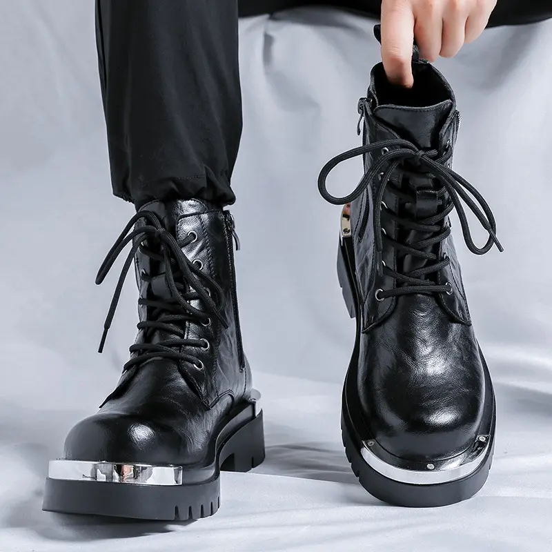 mens fashion platform boots black trendy original leather shoes stage nightclub dress cowboy high boot long motorcycle botas man