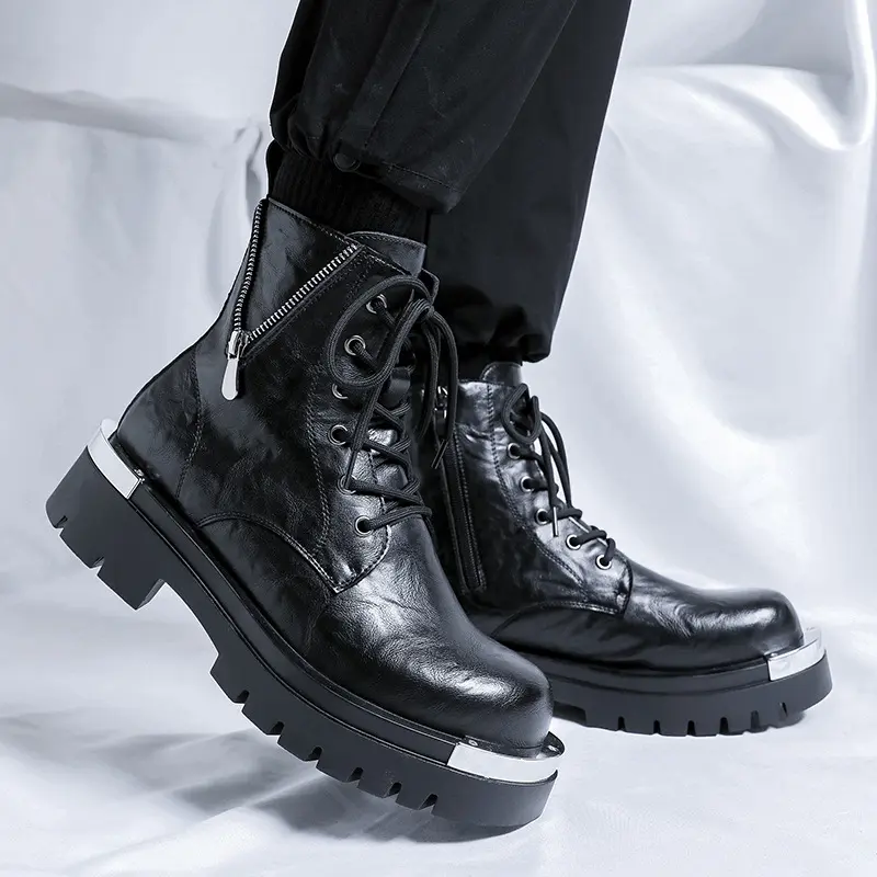 mens fashion platform boots black trendy original leather shoes stage nightclub dress cowboy high boot long motorcycle botas man