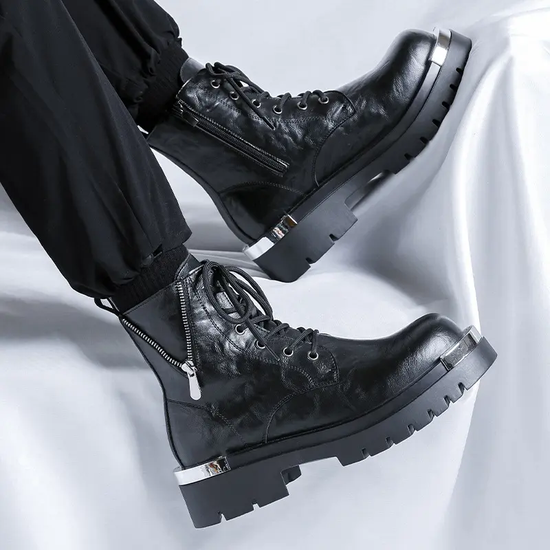 mens fashion platform boots black trendy original leather shoes stage nightclub dress cowboy high boot long motorcycle botas man