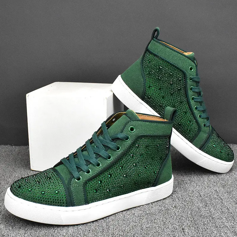 mens fashion party nightclub cow suede leather boots lace-up rhinestone shoes flats platform studded sneakers cool ankle botas
