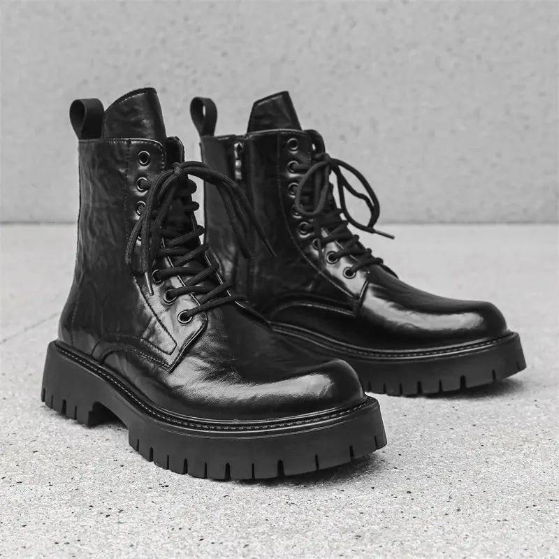 British style mens casual platform boots lace-up natural leather shoes party nightclub dress cowboy boot black brown ankle botas