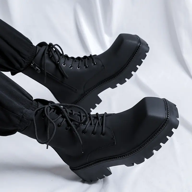 men fashion original leather boots brand designer square toe shoes stage nightclub platform boot handsome high motorcycle botas