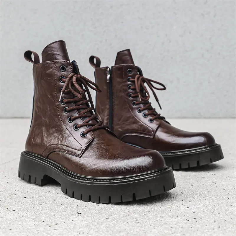 British style mens casual platform boots lace-up natural leather shoes party nightclub dress cowboy boot black brown ankle botas