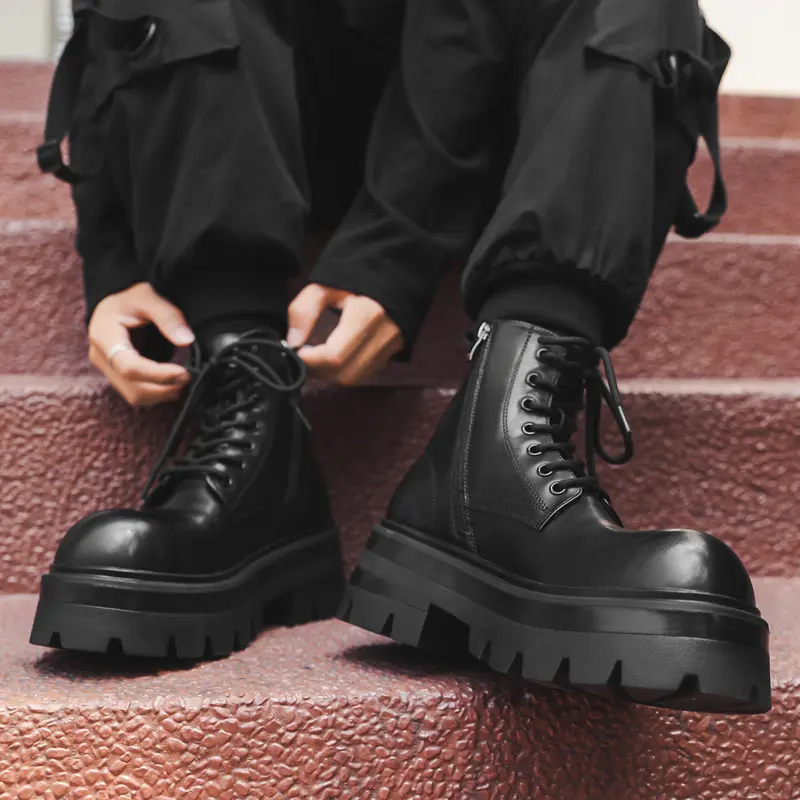 plus size men fashion punk rock dress platform boots lace-up genuine leather shoes cowboy autumn winter boot cool ankle botas