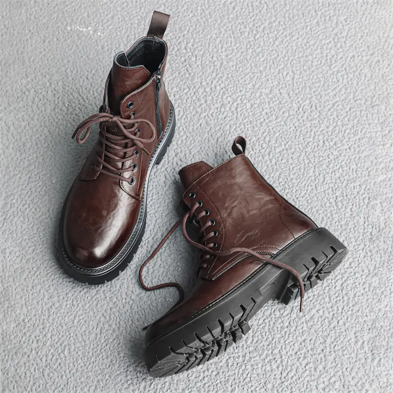 British style mens casual platform boots lace-up natural leather shoes party nightclub dress cowboy boot black brown ankle botas