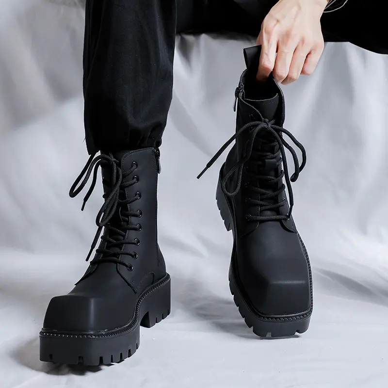 men fashion original leather boots brand designer square toe shoes stage nightclub platform boot handsome high motorcycle botas