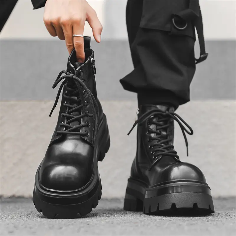 plus size men fashion punk rock dress platform boots lace-up genuine leather shoes cowboy autumn winter boot cool ankle botas