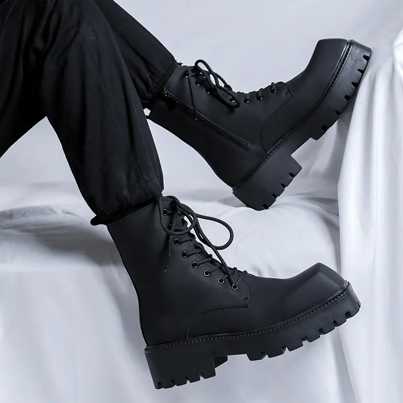 men fashion original leather boots brand designer square toe shoes stage nightclub platform boot handsome high motorcycle botas