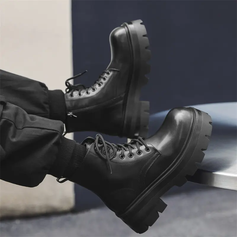 plus size men fashion punk rock dress platform boots lace-up genuine leather shoes cowboy autumn winter boot cool ankle botas
