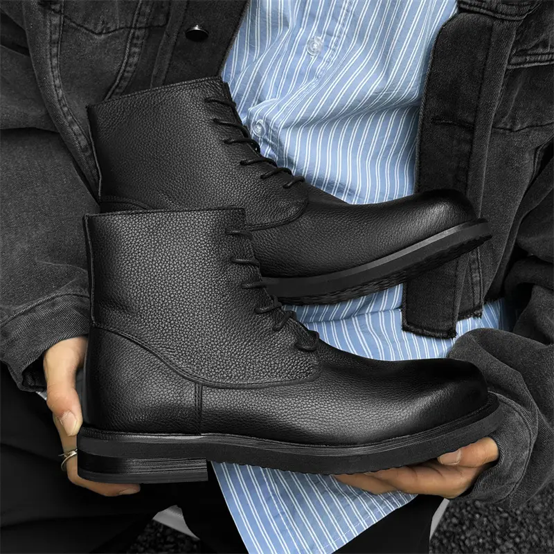 plus size mens casual original leather boots black trendy platform shoes cowboy tooling work boot handsome motorcycle botas mans