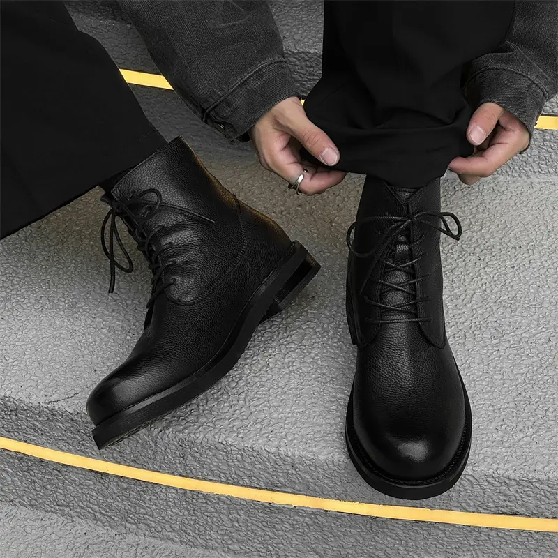 plus size mens casual original leather boots black trendy platform shoes cowboy tooling work boot handsome motorcycle botas mans