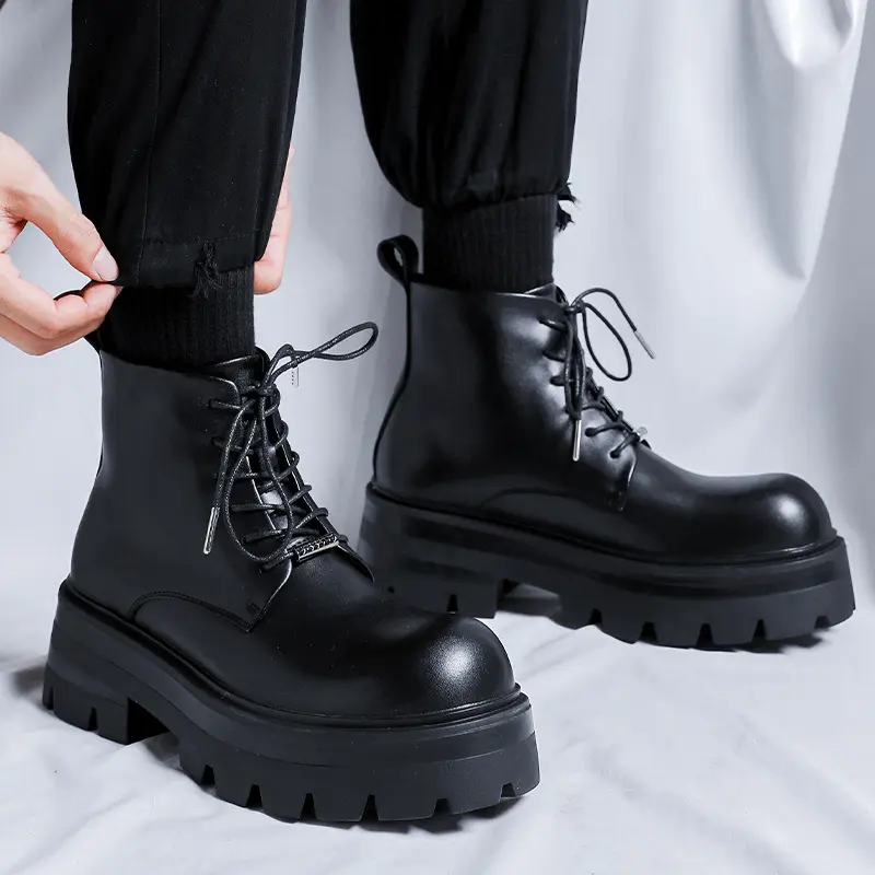 men fashion punk rock dress platform boots black stylish natural leather shoes cowboy chunky boot cool big toe motorcycle botas