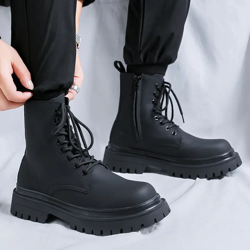 British style men's casual high motorcycle boots lace-up natural leather shoes cowboy platform boot handsome long botas hombre