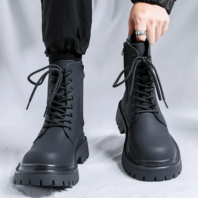 British style men's casual high motorcycle boots lace-up natural leather shoes cowboy platform boot handsome long botas hombre
