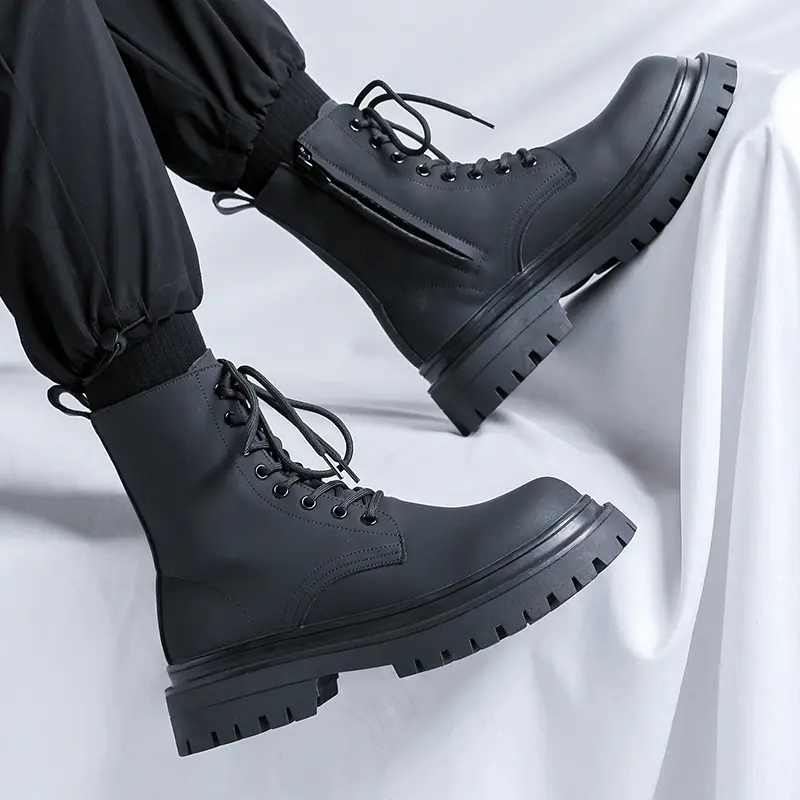 British style men's casual high motorcycle boots lace-up natural leather shoes cowboy platform boot handsome long botas hombre
