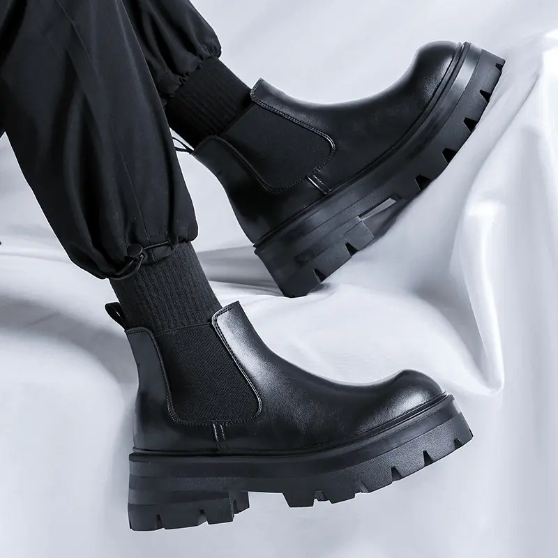 mens casual chelsea boots black trendy genuine leather shoes cowboy platform boot hip hop rock dress cool chunky ankle botas man
