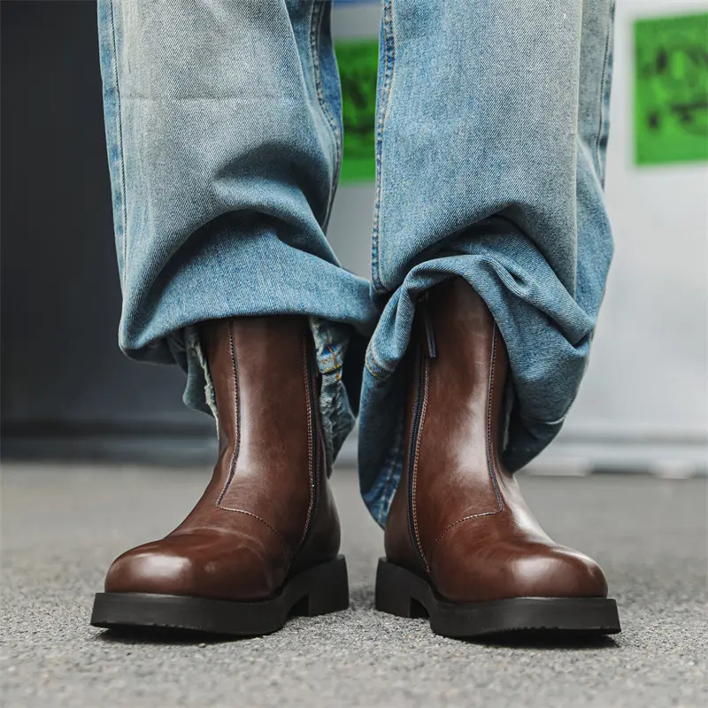 mens fashion high chelsea boots black brown genuine leather shoes cowboy autumn winter boot platform long motorcycle botas mans