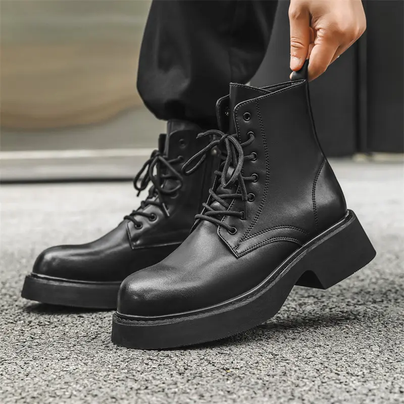 British style men's fashion platform boots lace-up genuine leather shoes stage nightclub cowboy high boot long motorcycle botas