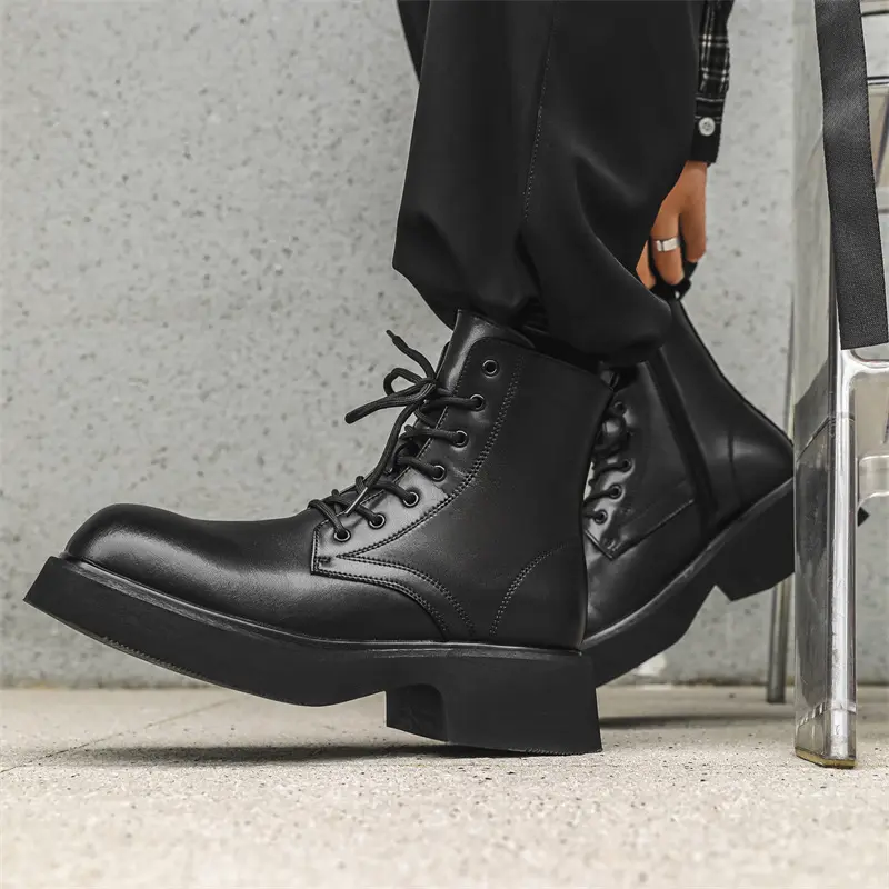 British style men's fashion platform boots lace-up genuine leather shoes stage nightclub cowboy high boot long motorcycle botas