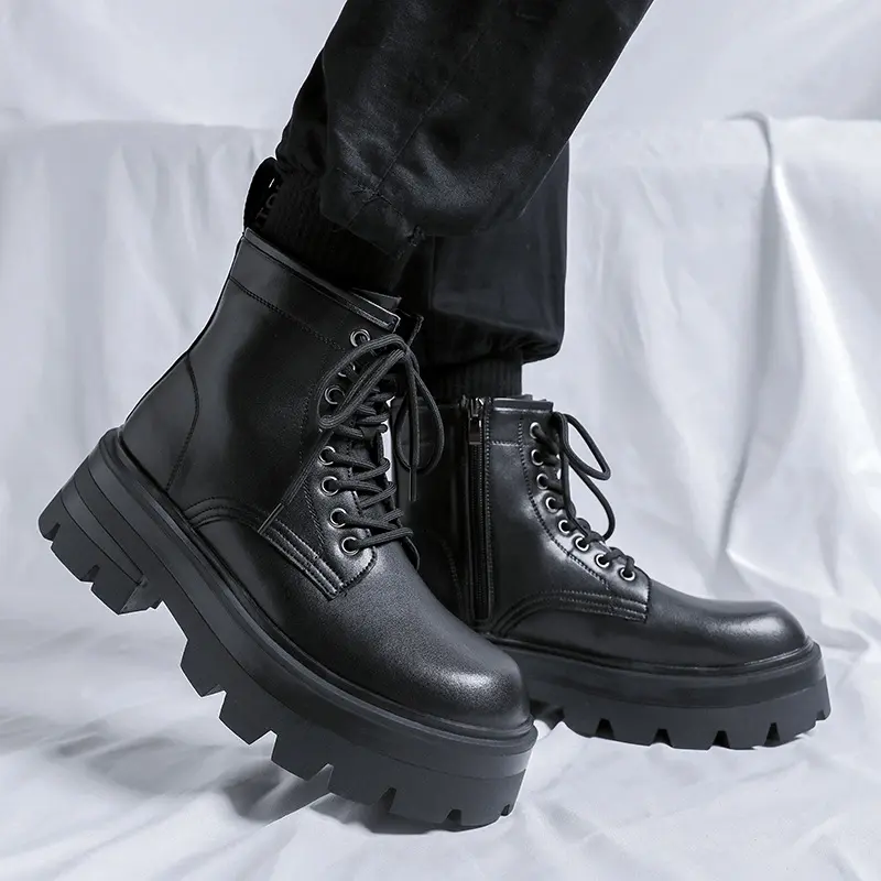 men luxury fashion original leather boots lace-up platform shoes party nightclub dress cowboy ankle boot spring autumn botas man