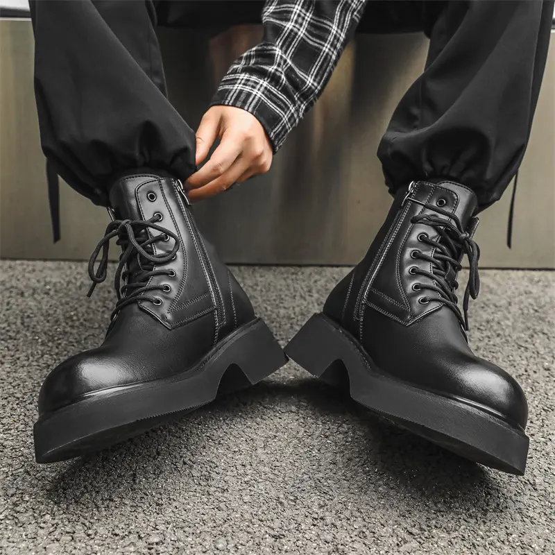 British style men's fashion platform boots lace-up genuine leather shoes stage nightclub cowboy high boot long motorcycle botas