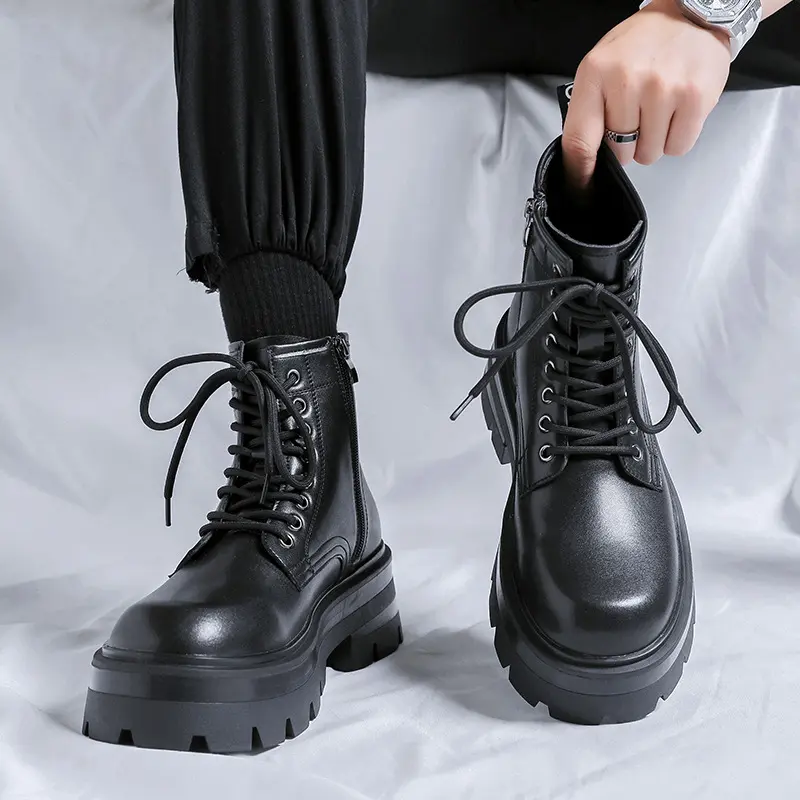 men luxury fashion original leather boots lace-up platform shoes party nightclub dress cowboy ankle boot spring autumn botas man
