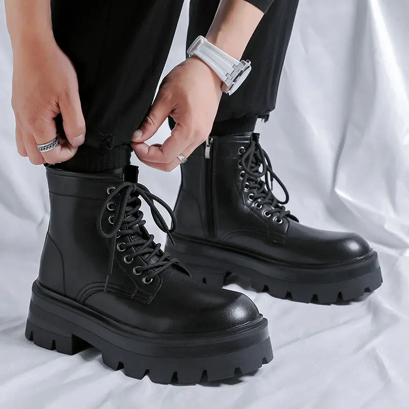 men luxury fashion original leather boots lace-up platform shoes party nightclub dress cowboy ankle boot spring autumn botas man