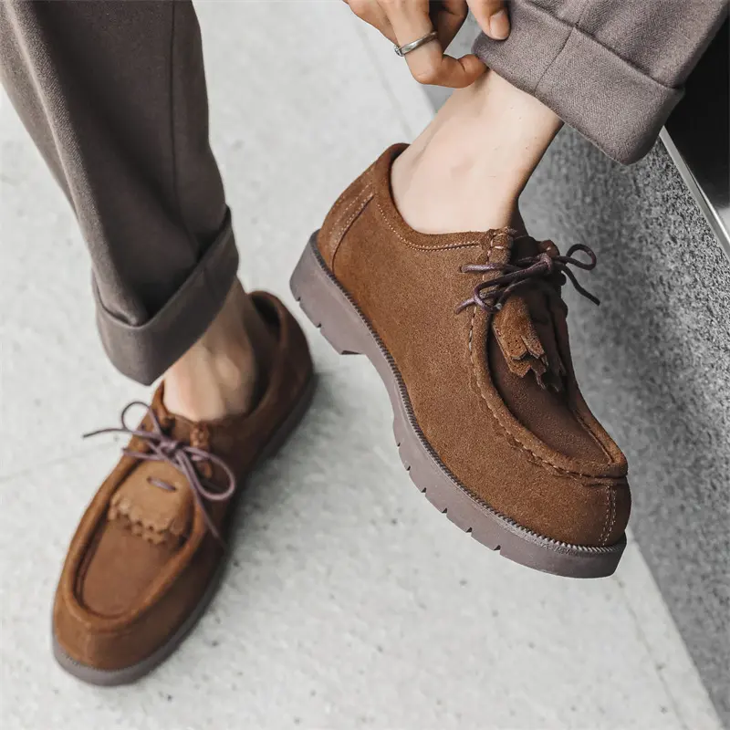 British style men fashion cow suede leather shoes lace-up tassels shoe party prom dress cowboy brown platform sneakers footwear