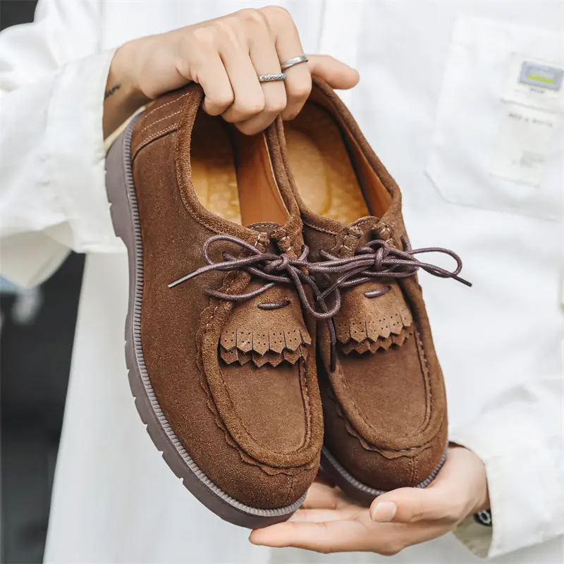 British style men fashion cow suede leather shoes lace-up tassels shoe party prom dress cowboy brown platform sneakers footwear
