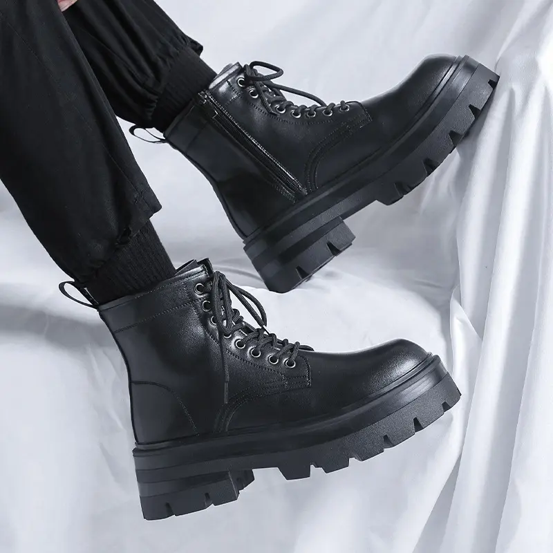 men luxury fashion original leather boots lace-up platform shoes party nightclub dress cowboy ankle boot spring autumn botas man