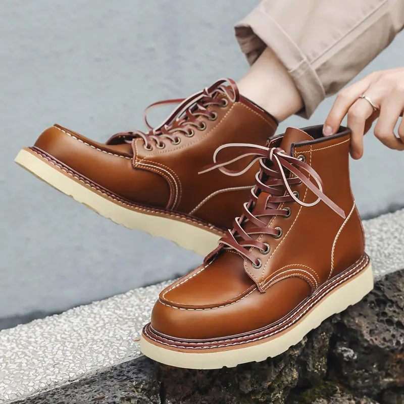 men's luxury fashion genuine leather boots brown platform shoes outdoors tooling work cowboy boot spring autumn ankle botas male